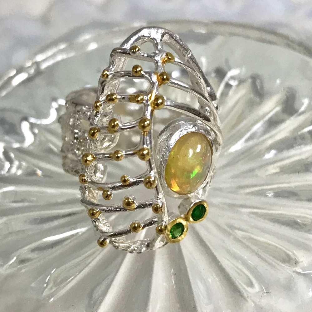 Opal Sterling 14K Gold plated Art Designer Ring - Picture 3 of 5